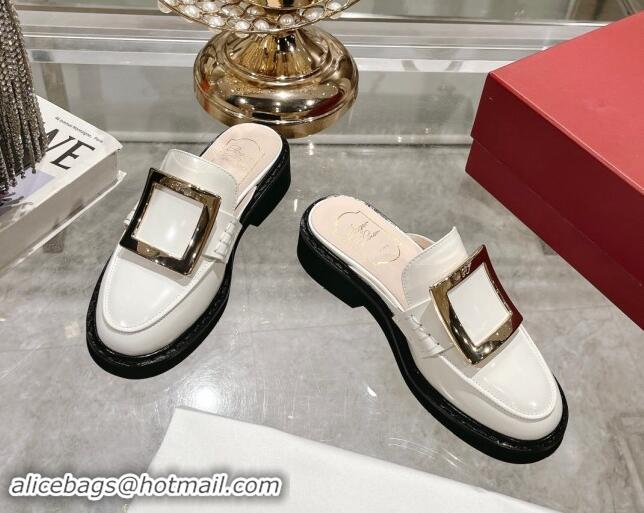 Buy Luxury Roger Vivier Viv' Rangers Metal Buckle Mules in Shiny Leather White 812120