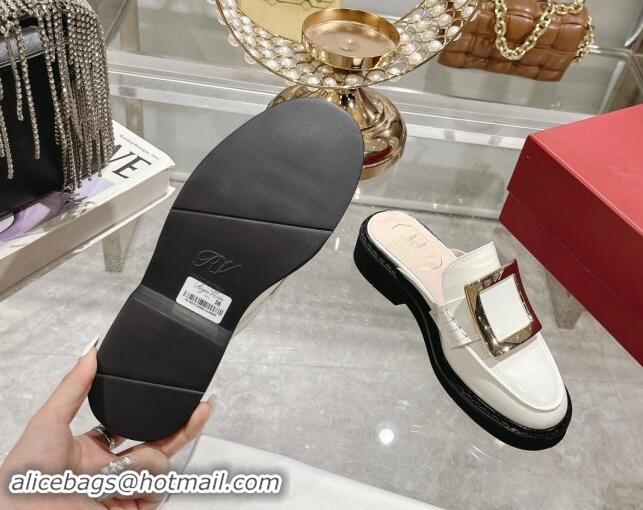 Buy Luxury Roger Vivier Viv' Rangers Metal Buckle Mules in Shiny Leather White 812120