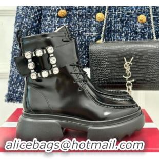 Buy Luxury Roger Vivier Strass Buckle Platform Ankle Boots in Black Glazed Leather 010084