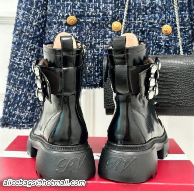 Buy Luxury Roger Vivier Strass Buckle Platform Ankle Boots in Black Glazed Leather 010084