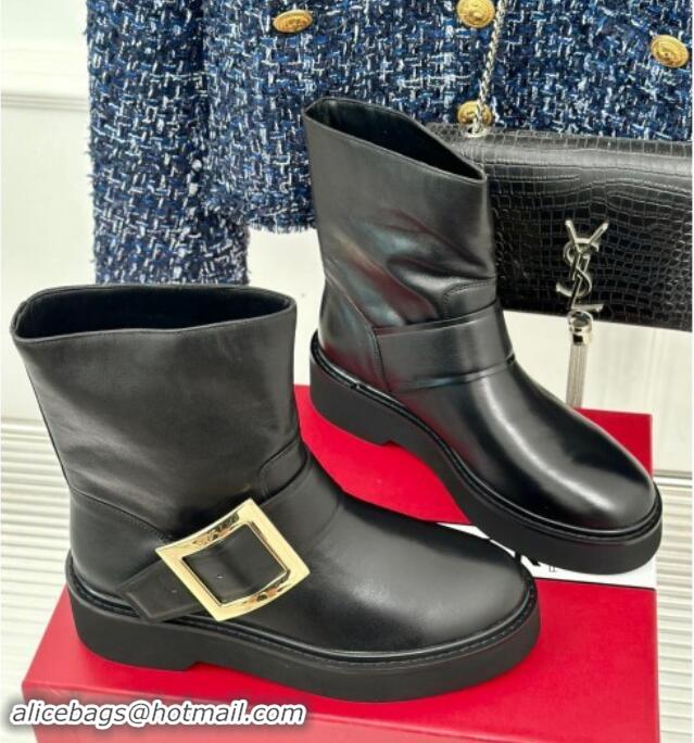 Perfect Roger Vivier Viv' Rangers Ankle Biker Booties in Black Leather with Gold-Tone Buckle 010086