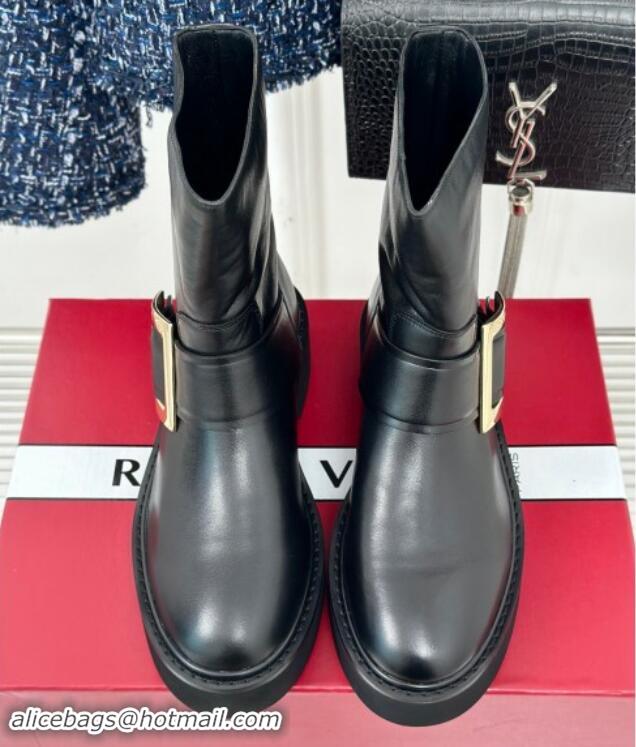 Perfect Roger Vivier Viv' Rangers Ankle Biker Booties in Black Leather with Gold-Tone Buckle 010086