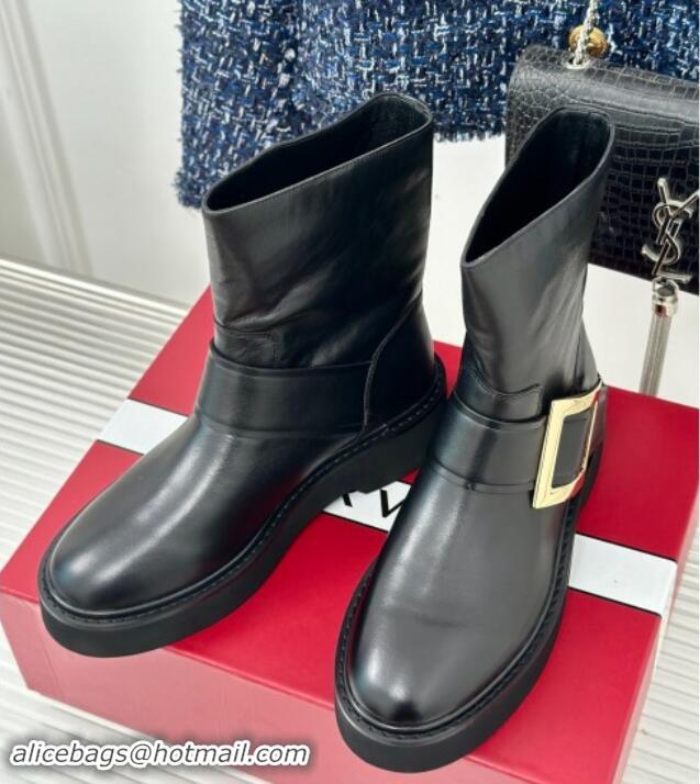 Perfect Roger Vivier Viv' Rangers Ankle Biker Booties in Black Leather with Gold-Tone Buckle 010086