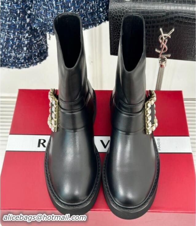 Grade Quality Roger Vivier Viv' Rangers Ankle Biker Booties in Black Leather with Strass Buckle 010087