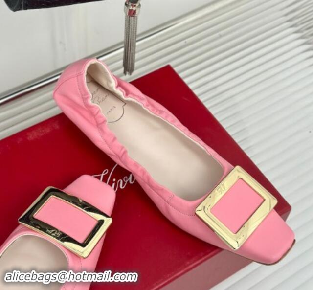 Good Quality Roger Vivier Classic Metal Buckle Ballerinas in Lambskin Leather Pink 1010091