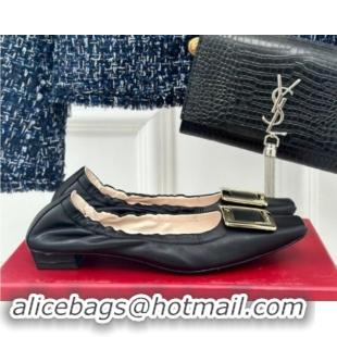 Luxury Roger Vivier Classic Metal Buckle Ballerinas in Lambskin Leather Black 010092