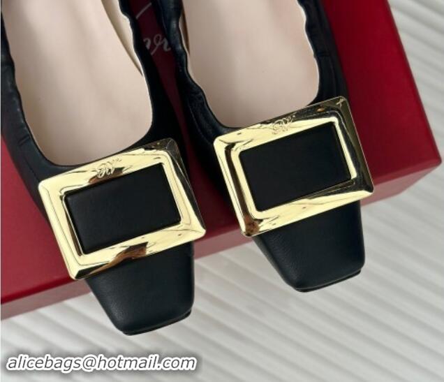 Luxury Roger Vivier Classic Metal Buckle Ballerinas in Lambskin Leather Black 010092