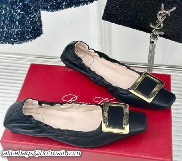 Luxury Roger Vivier Classic Metal Buckle Ballerinas in Lambskin Leather Black 010092