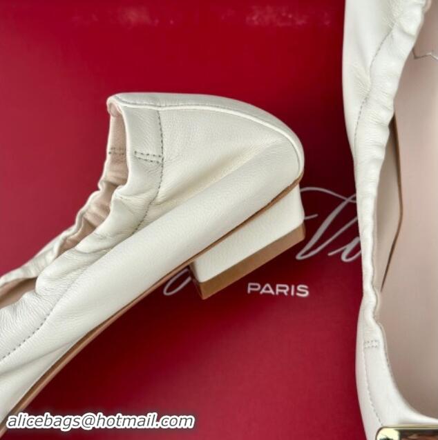 Shop Duplicate Roger Vivier Classic Metal Buckle Ballerinas in Lambskin Leather White 1010093