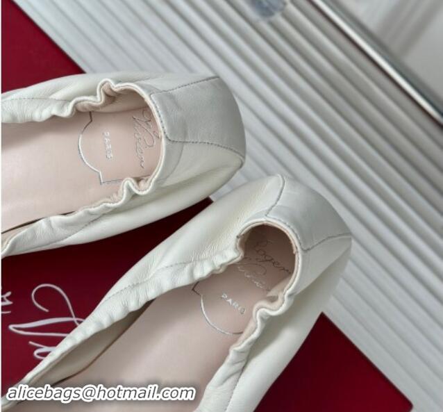 Shop Duplicate Roger Vivier Classic Metal Buckle Ballerinas in Lambskin Leather White 1010093