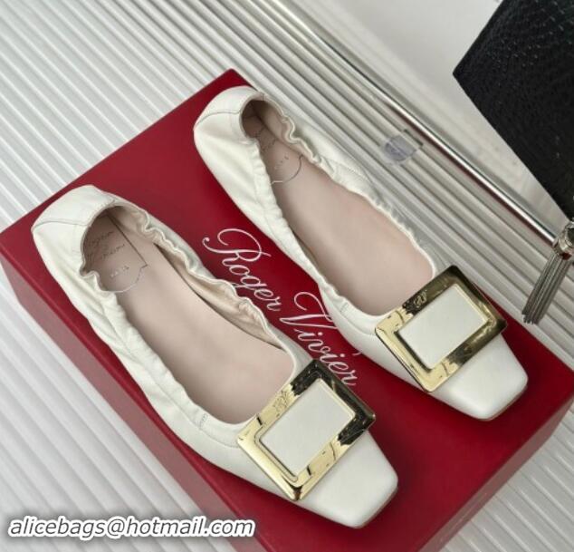 Shop Duplicate Roger Vivier Classic Metal Buckle Ballerinas in Lambskin Leather White 1010093