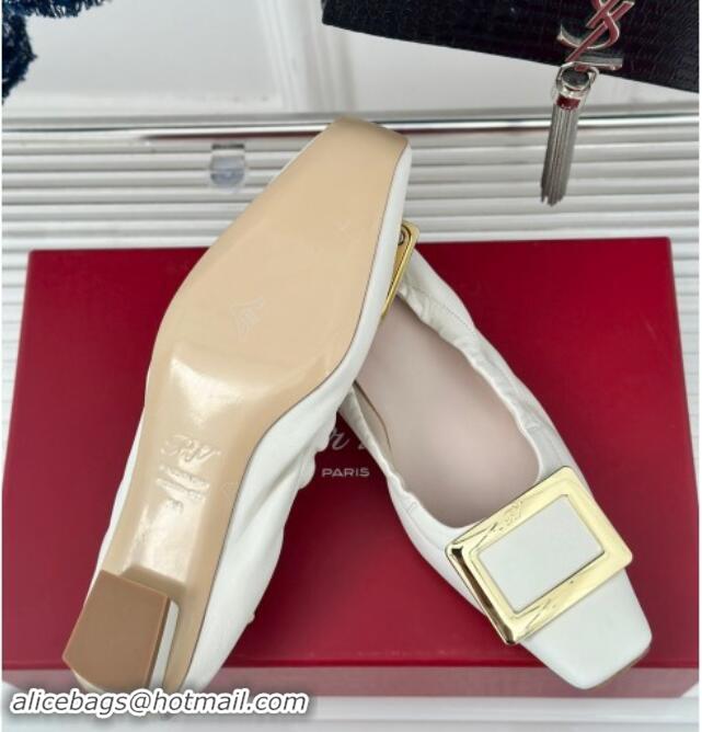 Shop Duplicate Roger Vivier Classic Metal Buckle Ballerinas in Lambskin Leather White 1010093