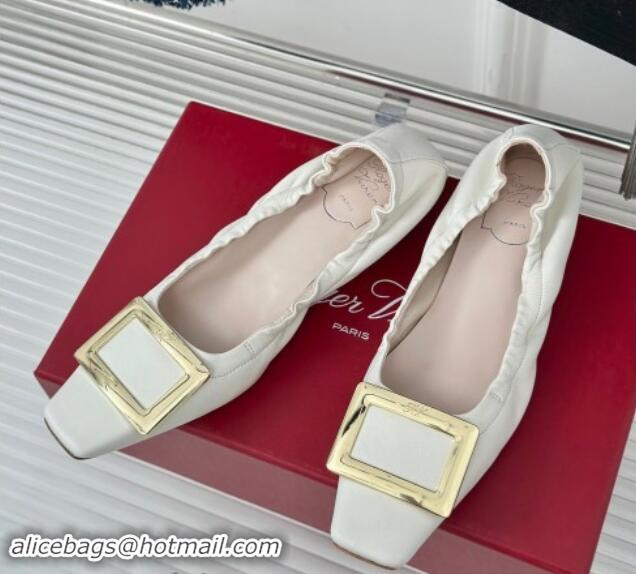 Shop Duplicate Roger Vivier Classic Metal Buckle Ballerinas in Lambskin Leather White 1010093