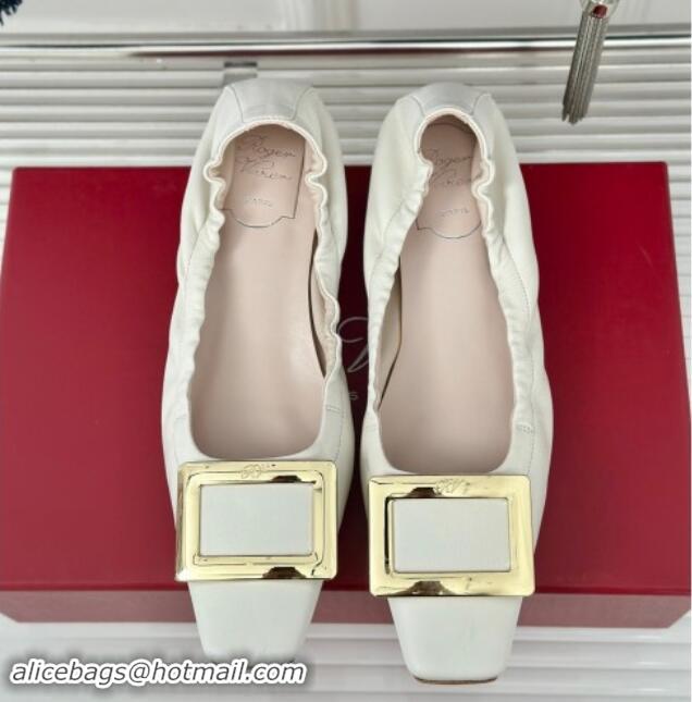 Shop Duplicate Roger Vivier Classic Metal Buckle Ballerinas in Lambskin Leather White 1010093