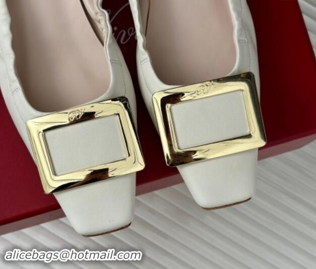 Shop Duplicate Roger Vivier Classic Metal Buckle Ballerinas in Lambskin Leather White 1010093