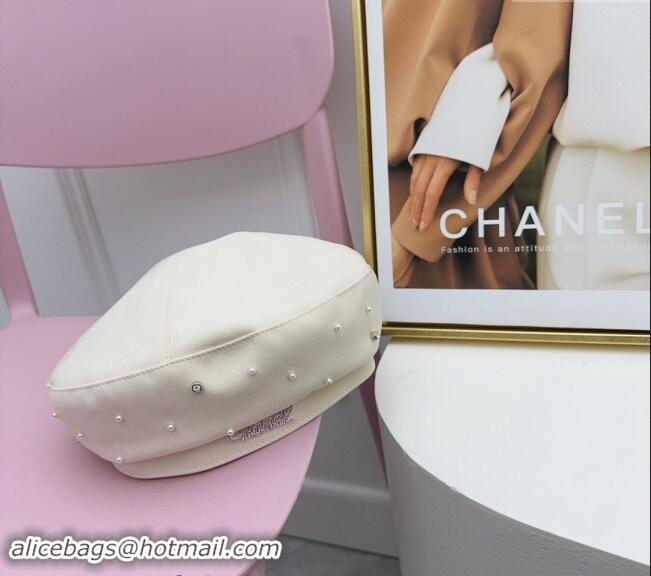 New Fashion Chanel Fabric Beret Hat with Pearls CH082305 White 2024