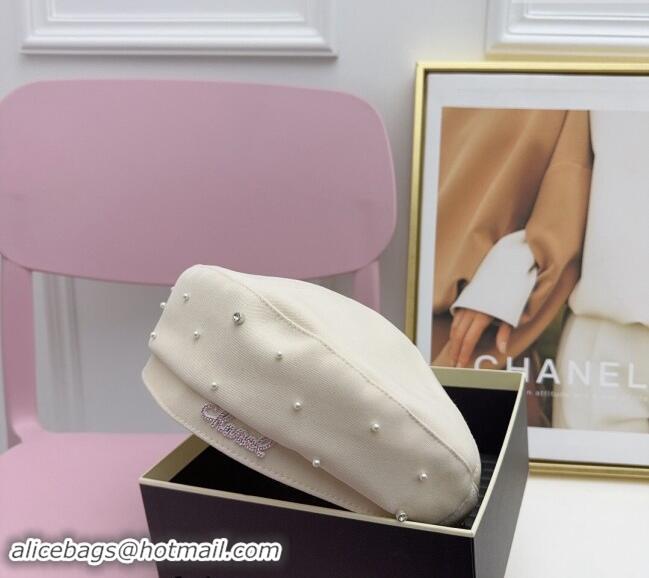 New Fashion Chanel Fabric Beret Hat with Pearls CH082305 White 2024