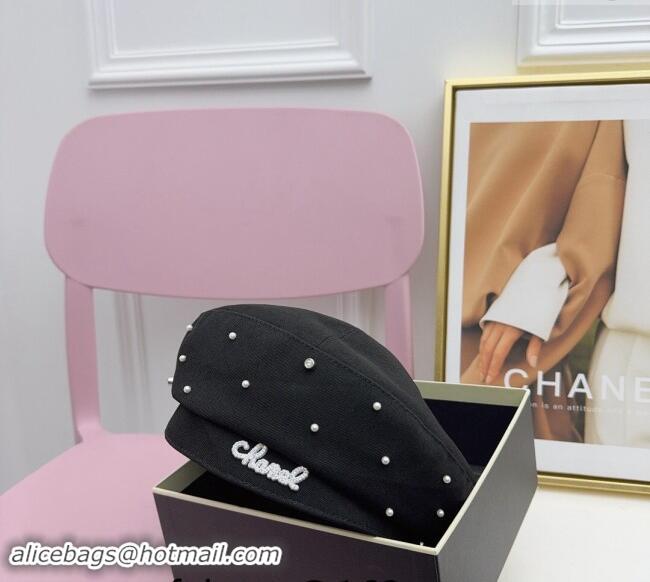 Super Quality Chanel Fabric Beret Hat with Pearls CH082305 Black 2024