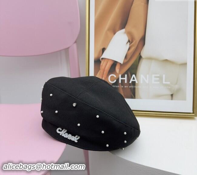 Super Quality Chanel Fabric Beret Hat with Pearls CH082305 Black 2024