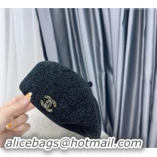 Luxury Cheap Chanel Chenille Beret Hat CH082306 Black 2024