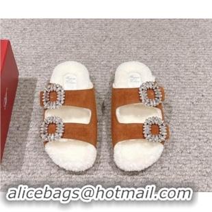 Good Product Roger Vivier Slidy Viv' Strass Buckle Flat Slides Sandals in Suede and Shearling Fur Brown 010098