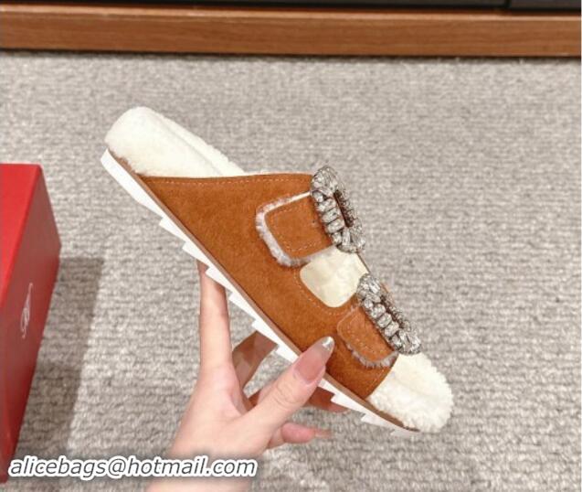 Good Product Roger Vivier Slidy Viv' Strass Buckle Flat Slides Sandals in Suede and Shearling Fur Brown 010098