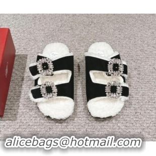 Unique Style Roger Vivier Slidy Viv' Strass Buckle Flat Slides Sandals in Suede and Shearling Fur Black 010099