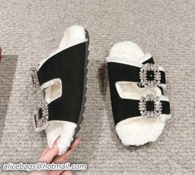 Unique Style Roger Vivier Slidy Viv' Strass Buckle Flat Slides Sandals in Suede and Shearling Fur Black 010099