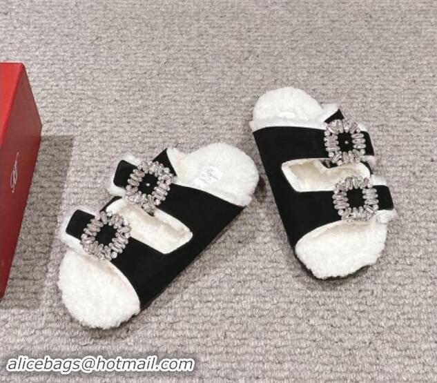 Unique Style Roger Vivier Slidy Viv' Strass Buckle Flat Slides Sandals in Suede and Shearling Fur Black 010099