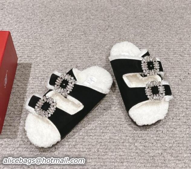 Unique Style Roger Vivier Slidy Viv' Strass Buckle Flat Slides Sandals in Suede and Shearling Fur Black 010099