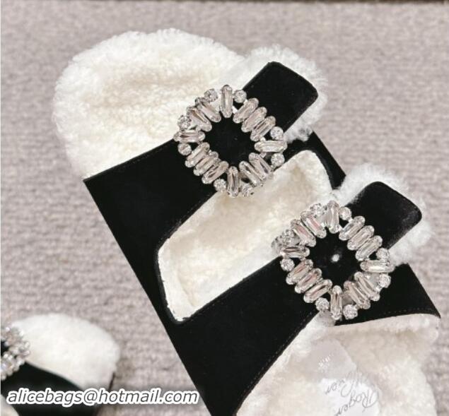 Unique Style Roger Vivier Slidy Viv' Strass Buckle Flat Slides Sandals in Suede and Shearling Fur Black 010099