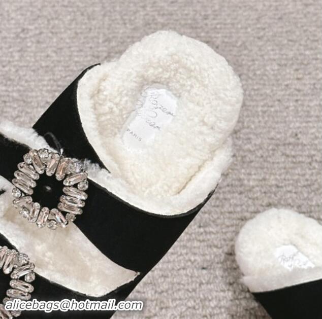 Unique Style Roger Vivier Slidy Viv' Strass Buckle Flat Slides Sandals in Suede and Shearling Fur Black 010099