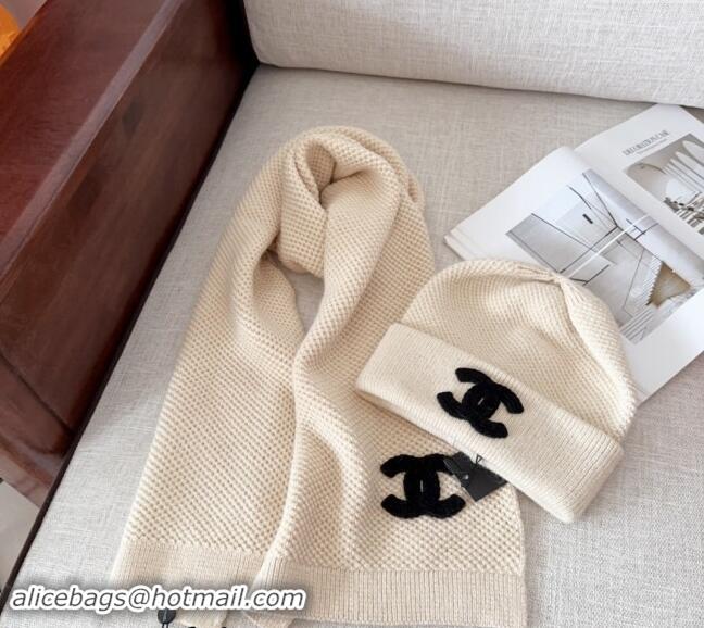 Top Quality Chanel Knit Hat and Scarf Set CH091305 Light Beige 2024