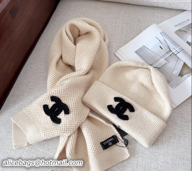 Top Quality Chanel Knit Hat and Scarf Set CH091305 Light Beige 2024