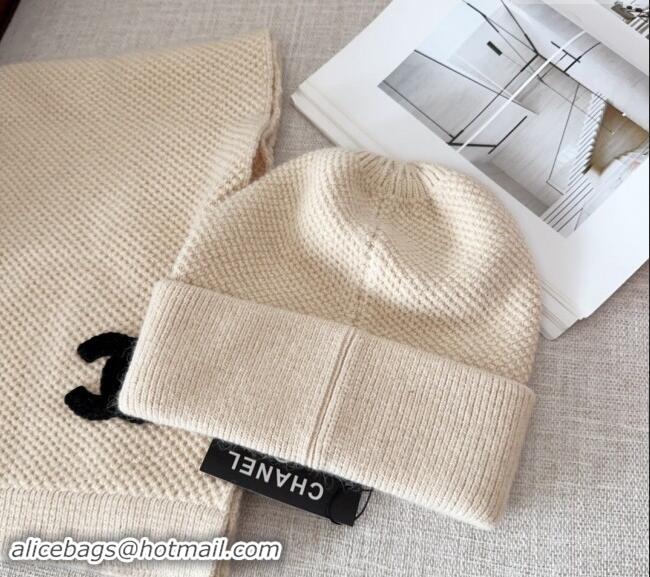 Top Quality Chanel Knit Hat and Scarf Set CH091305 Light Beige 2024