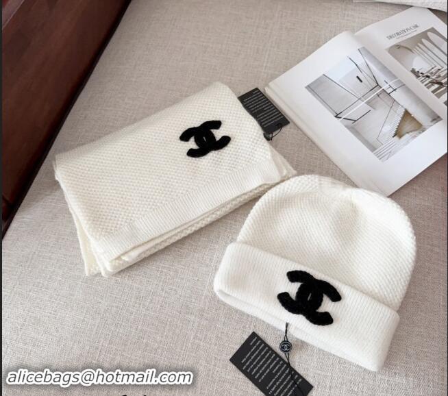 Best Quality Chanel Knit Hat and Scarf Set CH091305 White 2024