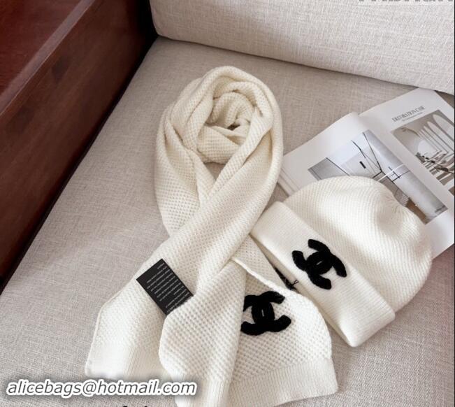 Best Quality Chanel Knit Hat and Scarf Set CH091305 White 2024