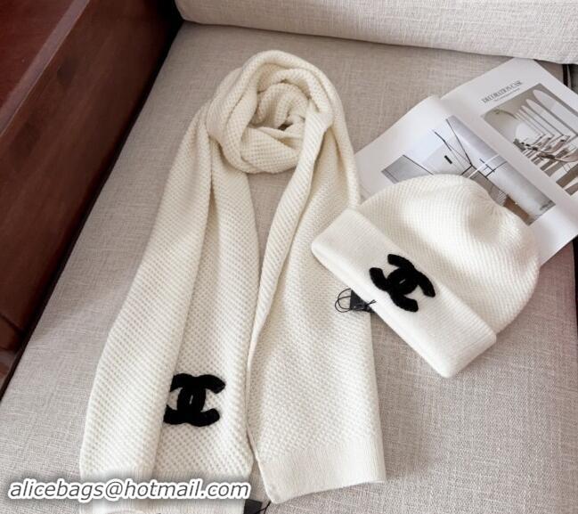 Best Quality Chanel Knit Hat and Scarf Set CH091305 White 2024