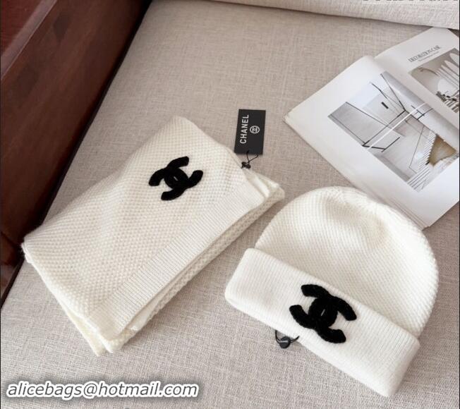 Best Quality Chanel Knit Hat and Scarf Set CH091305 White 2024