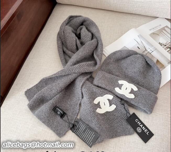 Buy Classic Chanel Knit Hat and Scarf Set CH091305 Grey 2024