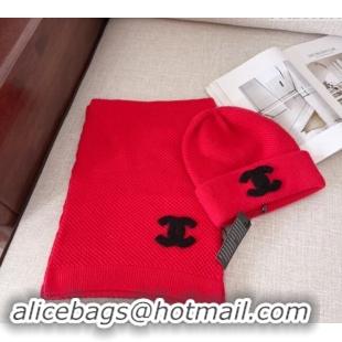 High Quality Chanel Knit Hat and Scarf Set CH091305 Red 2024