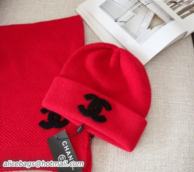 High Quality Chanel Knit Hat and Scarf Set CH091305 Red 2024