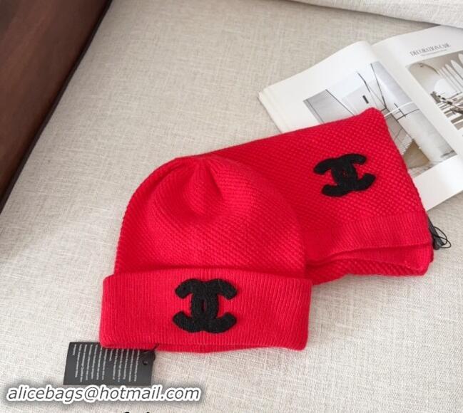 High Quality Chanel Knit Hat and Scarf Set CH091305 Red 2024