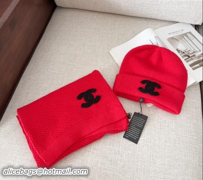 High Quality Chanel Knit Hat and Scarf Set CH091305 Red 2024