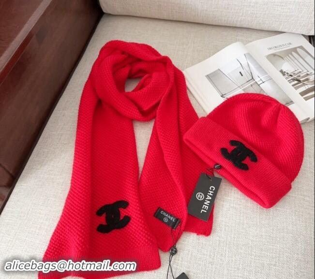 High Quality Chanel Knit Hat and Scarf Set CH091305 Red 2024