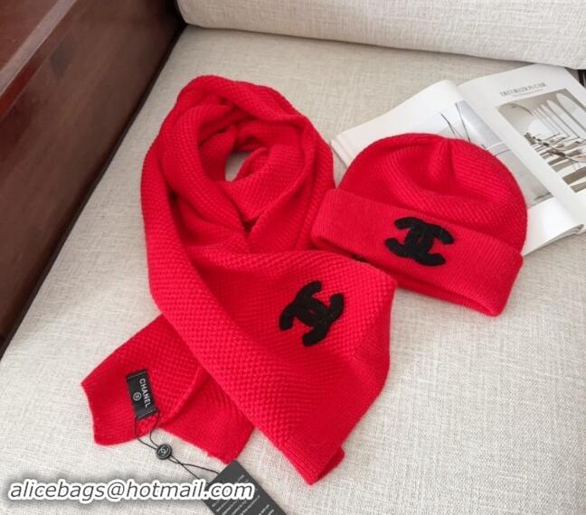 High Quality Chanel Knit Hat and Scarf Set CH091305 Red 2024