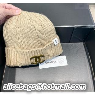 Best Price Chanel Knit Hat with Metal-Tone CC CH091307 Beige 2024