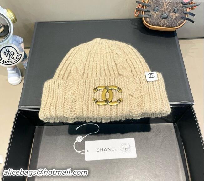 Best Price Chanel Knit Hat with Metal-Tone CC CH091307 Beige 2024