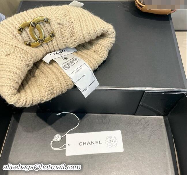 Best Price Chanel Knit Hat with Metal-Tone CC CH091307 Beige 2024