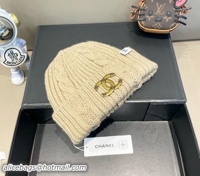 Best Price Chanel Knit Hat with Metal-Tone CC CH091307 Beige 2024